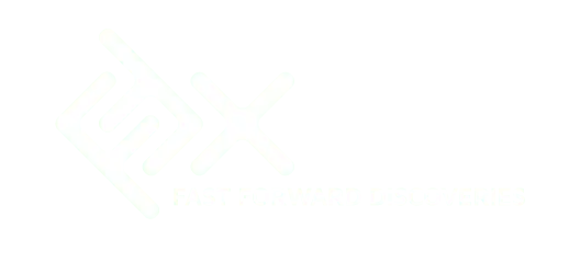 White FFX logo with the slogan "Fast Forward Discoveries" on transparent background, used for biotech branding and single-cell innovation.