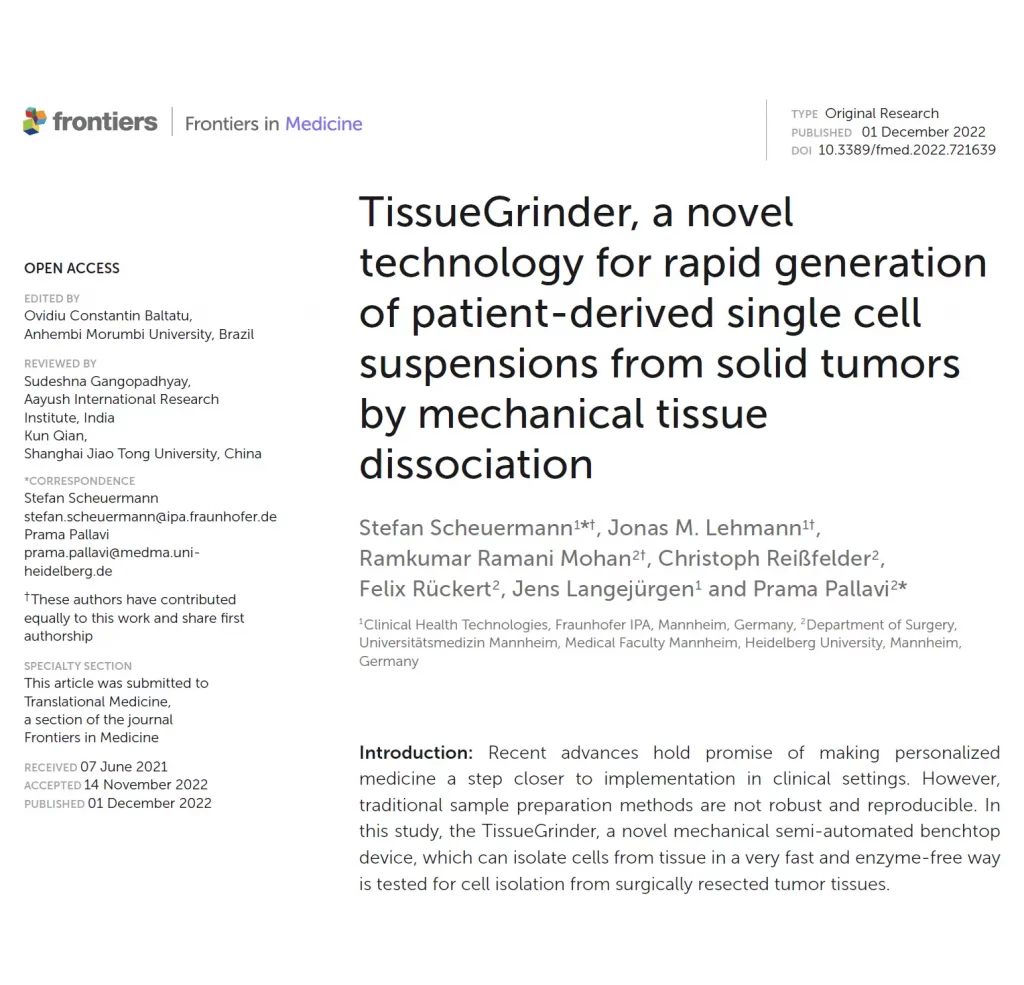 Frontiers in Medicine article about the TissueGrinder device for mechanical tissue dissociation and single-cell suspension preparation from solid tumors.
