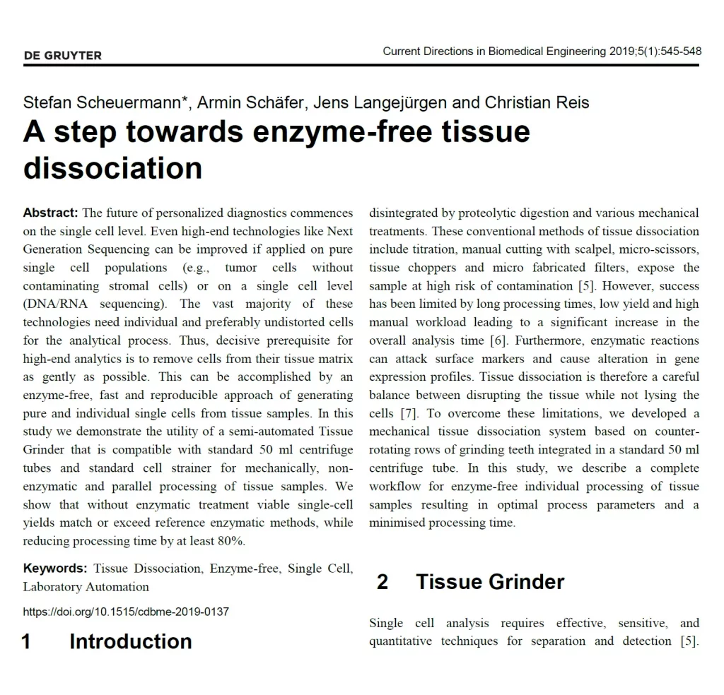 Scientific article titled "A step towards enzyme-free tissue dissociation" describing a mechanical method for isolating single cells from tissue samples.