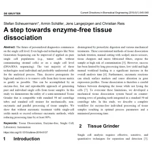 Scientific article titled "A step towards enzyme-free tissue dissociation" describing a mechanical method for isolating single cells from tissue samples.