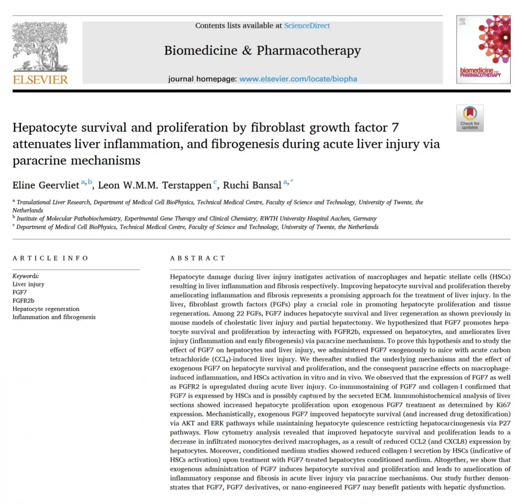 Screenshot of a scientific article from Biomedicine & Pharmacotherapy on fibroblast growth factor 7 and its role in liver injury repair.