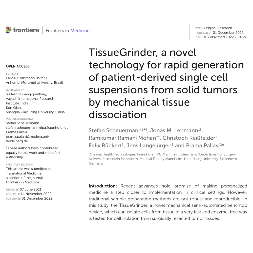 Frontiers in Medicine article on TissueGrinder technology for enzyme-free tissue dissociation and single-cell isolation from solid tumors.