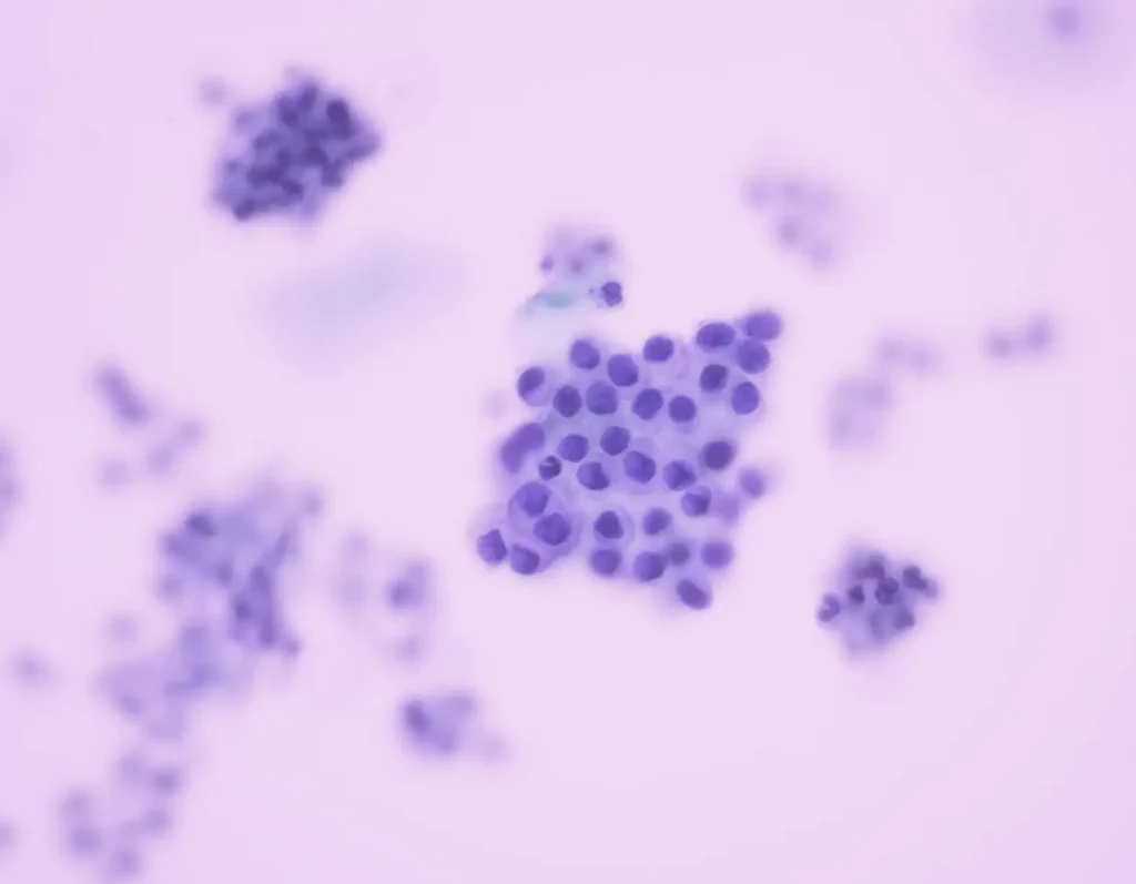 Microscopy image of clustered stained cells prepared for primary cell isolation.