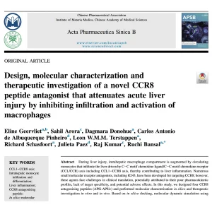 Front page of the article Design, molecular characterization and therapeutic investigation of a novel CCR8 peptide antagonist that attenuates acute liver injury by inhibiting infiltration and activation of macrophages, published in Acta Pharmaceutica Sinica B.