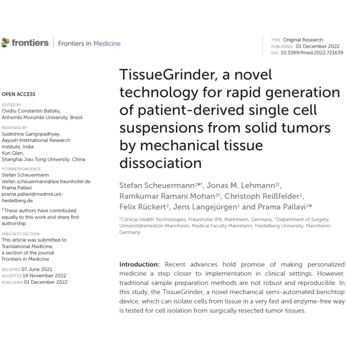Frontiers in Medicine article about the TissueGrinder device for mechanical tissue dissociation and single-cell suspension preparation from solid tumors.