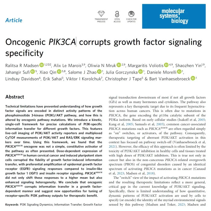 Screenshot of a scientific article titled Oncogenic PIK3CA corrupts growth factor signaling specificity published in Molecular Systems Biology.