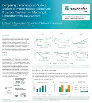 Fraunhofer IPA study comparing TissueGrinder mechanical dissociation vs enzymatic digestion and GentleMACS for splenocyte isolation.
