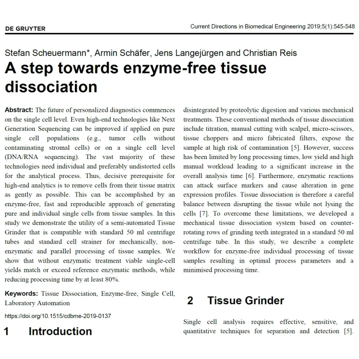 Scientific article titled "A step towards enzyme-free tissue dissociation" describing a mechanical method for isolating single cells from tissue samples.