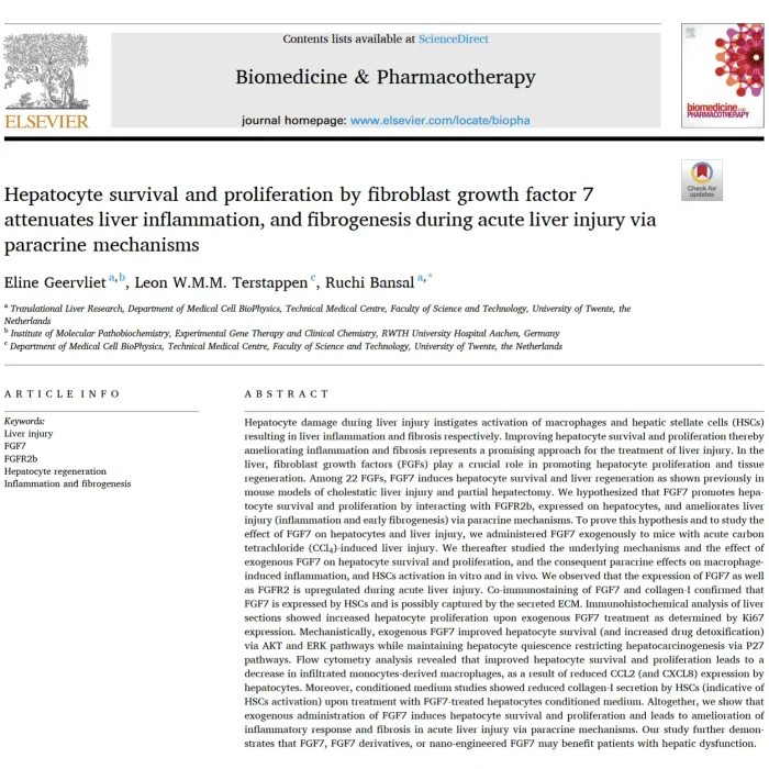 Screenshot of a scientific article from Biomedicine & Pharmacotherapy on fibroblast growth factor 7 and its role in liver injury repair.