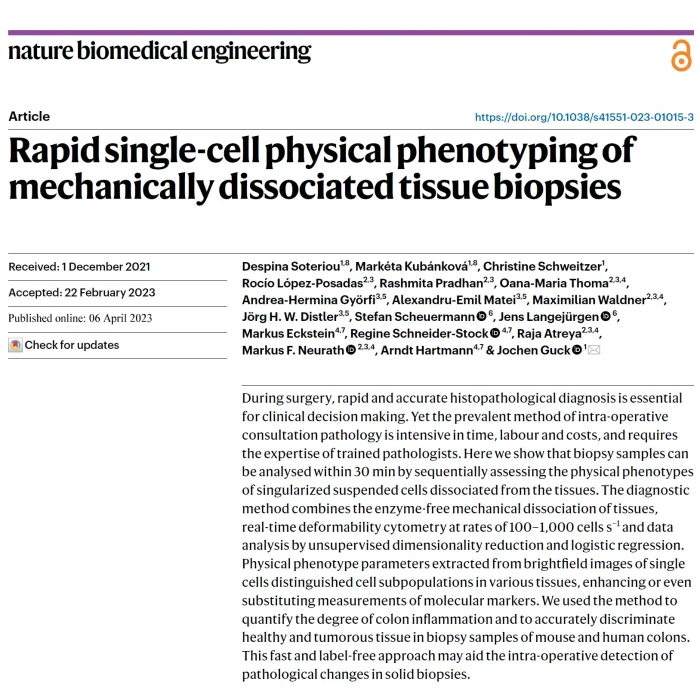 Research article in Nature Biomedical Engineering on mechanical tissue dissociation and rapid single-cell physical phenotyping for biopsy diagnostics.