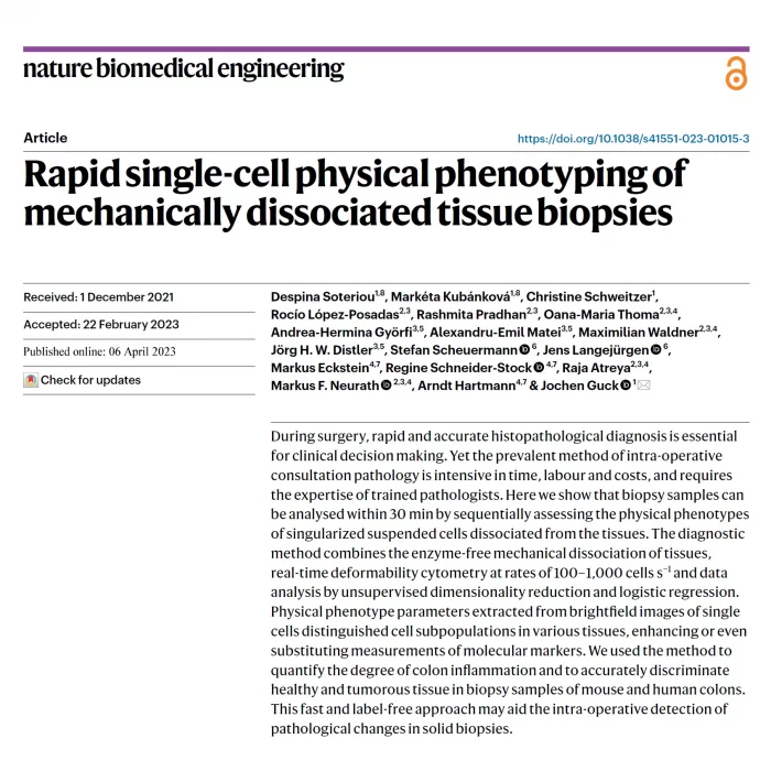 Research article in Nature Biomedical Engineering on mechanical tissue dissociation and rapid single-cell physical phenotyping for biopsy diagnostics.